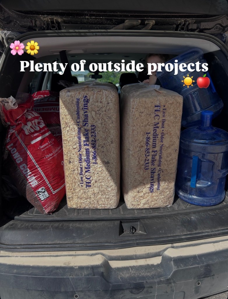 A trunk filled with gardening supplies, including bags of mulch, wooden shavings, and a water jug, with a caption about outdoor projects.