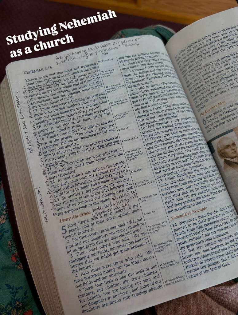 Open Bible page displayed with highlighted verses and notes, focusing on Nehemiah 4:16. Titled 'Studying Nehemiah as a church'.